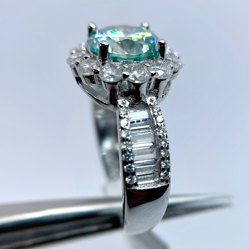 Moissanite Halo Ring Aqua Blue Center & Baguette Accents 18K White Gold Finish - Picture 10 of 16